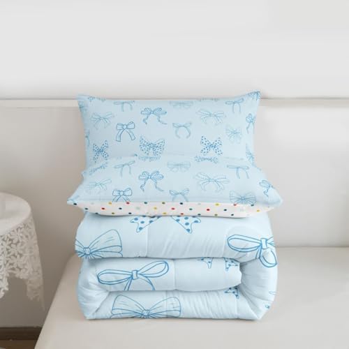 jejeloiu Bow Comforter Set All Season Bowknot Bedding Set with 2 Pillow Cases Bow Tie Microfiber Kids Queen Bedclothes Dreamy Princess Style Bedroom Decor Duvet Quilt Breathable Soft Lightweight