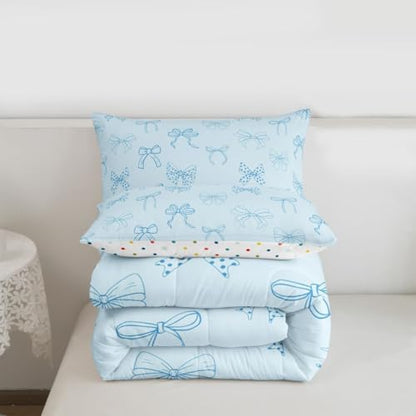 jejeloiu Bow Comforter Set All Season Bowknot Bedding Set with 2 Pillow Cases Bow Tie Microfiber Kids Queen Bedclothes Dreamy Princess Style Bedroom Decor Duvet Quilt Breathable Soft Lightweight