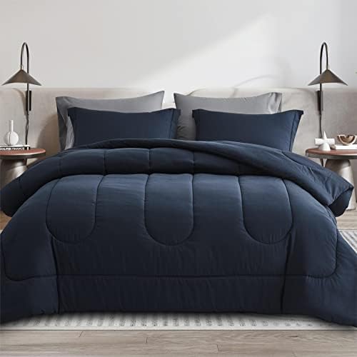 Maple&Stone Queen Comforter Set 7 Pieces Bed in a Bag Navy & Dark Grey