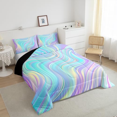 Pastel Rainbow Comforter Set with Pillowcases Abstract Wave Stripes 3D Printed Designs 3 Piece Bedroom Duvet Set Psychedelic Girl Bed Down Comforter for Kids Women Dorm Room (King,Coulourful Marble)