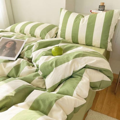 LifeTB Striped Comforter Set Twin XL Fluffy Soft Modern Style Green White Stripes Pattern Printed Bedding Set 3 Pieces Retro Striped Comforter with 2 Pillowcases Cozy Lightweght Bedding Comforter Set