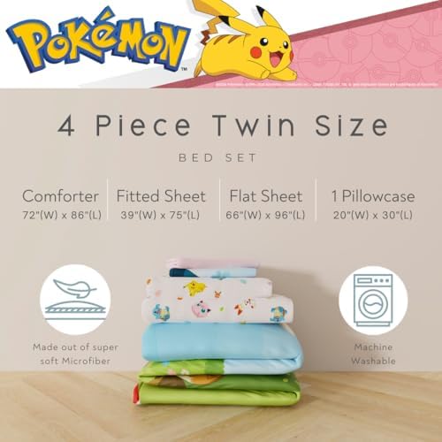 Pokemon Bedding Super Soft Comforter and Sheet Set with Sham, 4 Piece Twin Size, Featuring Snorlax, Pikachu, Eevee & Jigglypuff (Officially Licensed Product) by Franco