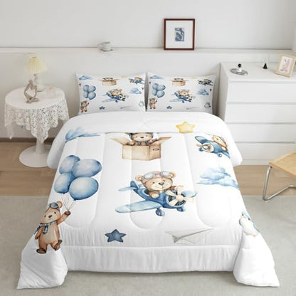 Erosebridal Cartoon Aircraft King Size Bedding Set, Cute Bear Airplane Propeller Plane Comforter Set for Kids Boys Girls Adults Bedroom, Lovely Bird Animals Comforter, Balloon Star Cloud Quilt