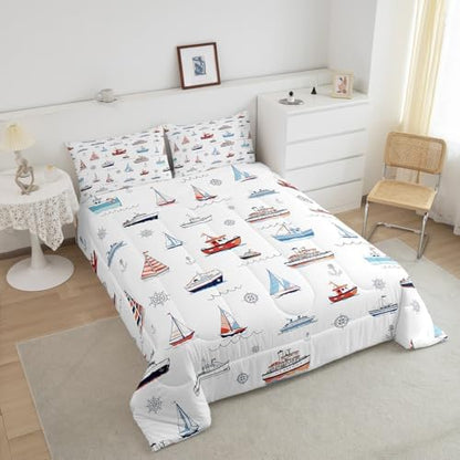 Nautical Sailboat Comforter Set Full Size,Sea Transportation Ships Bedding Set 3Pcs,Boat Anchor Rudder Print Quilt Set,Kids Boys Girls Teens Room Decor,Blue Red White Duvet Insert,2 Pillowcases