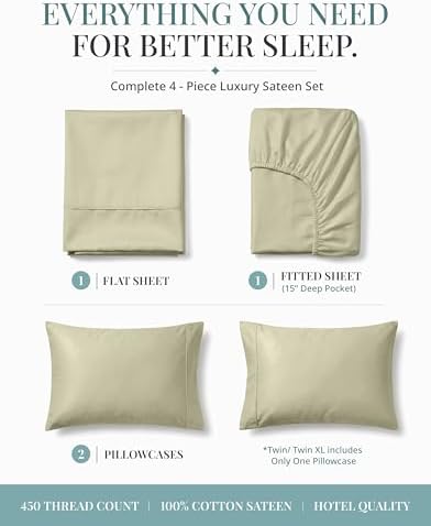 450TC 100% Long-Staple Cotton Cal King Sheets - Soft Sateen Weave, Linen