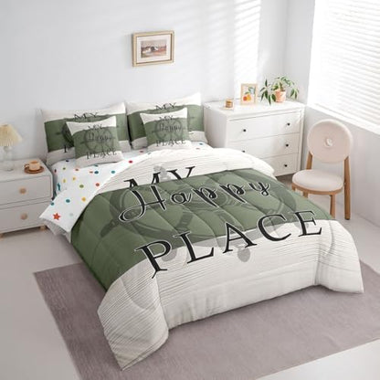 Erosebridal Rustic Farmhouse Style 7 Piece Bedding Set King,Nautical Rudder Comforter Set Bed in a Bag,Vintage Wood Grain Pattern Sheets,Navy Green Ivory Quilted Duvet,Modern Chic Summer Room Decor