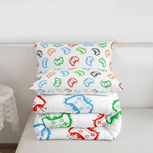 Castle Fairy Gaming Comforter Set King Size,Colorful Graffiti Down Alternative Adults Bedroom Decor,Modern Gamepad Ultra Soft Microfiber Inner Fill 3Pcs Bedding