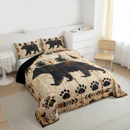 jejeloiu Bear Comforter Set Queen Size Wild Animal Bedding Set for Kids Boys Girls Rustic Cabin Country Duvet Quilt Bedroom Decor Microfiber 3 Pcs with 2 Pillow Cases