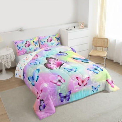 Rainbow Butterfly Comforter Set King Size For Girls Pink Blue Purple Watercolor Butterfly Quilt Bedding Sets Reversible Cute Colorful Stars Down Comforter,Pastel Tie Dye Duvet Insert 2 Pillow Cases