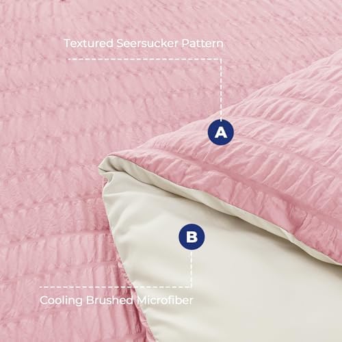 HYMOKEGE Pink/Ivory King Size Comforter Set Seersucker 7 Pieces, All Season Luxury Bed in a Bag for Bedroom, Bedding Set with Comforter, Sheets, Pillowcases & Shams