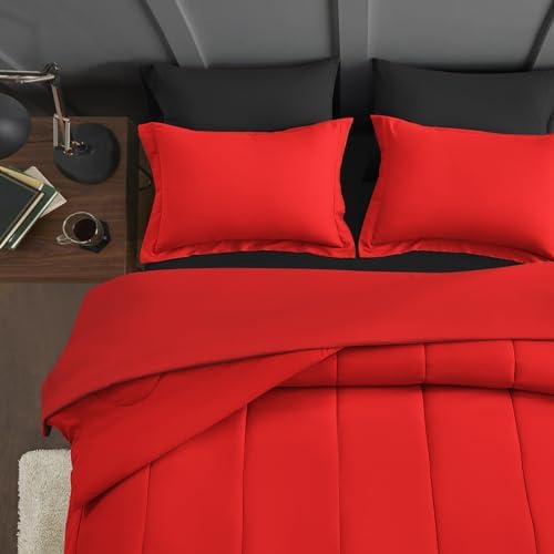 Maple&Stone Twin Comforter Set 5 Pieces Bed in a Bag Red & Black Bed Set