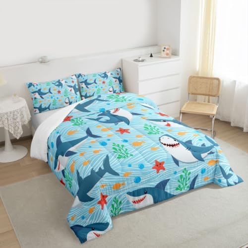 Cute Shark Comforter Set King Size,Fish Coral Bedding Set 3pcs for Kids Teens Boys Girls Room Decor,Mysterious Under Sea Animals Plants Themed Quilt Set Cartoon Blue Duvet Insert with 2 Pillowcases