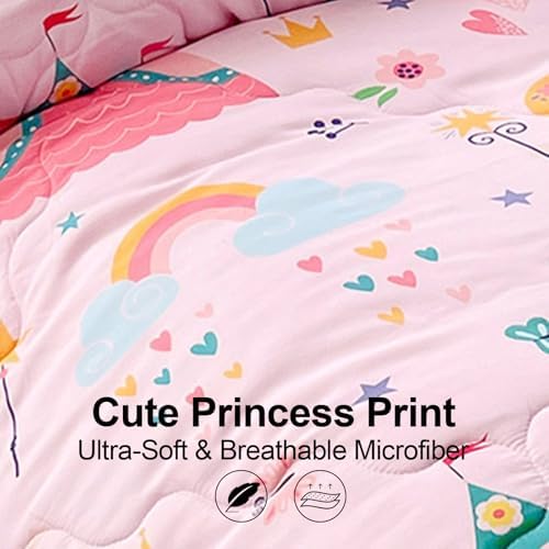 Wajade Kids Pink Princess Comforter Set Bed in A Bag Queen Size 7 Piece Princess Fairy Tales Castle Bedding Set for Girl (1 Comforter, 1 Flat Sheet, 1 Fitted Sheet, 2 Pillowcase and 2 Pillow Sham)