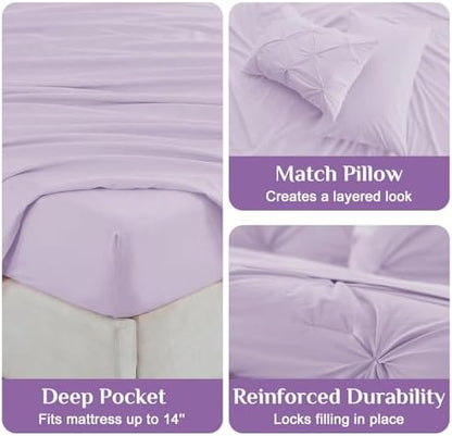 JOLLYVOGUE Queen Comforter Set 7 Pieces - Bed in a Bag Queen for All Season, Pintuck Bedding Comforter Sets with Comforter, Flat Sheet, Fitted Sheet and Pillowcases & Shams, Light Purple