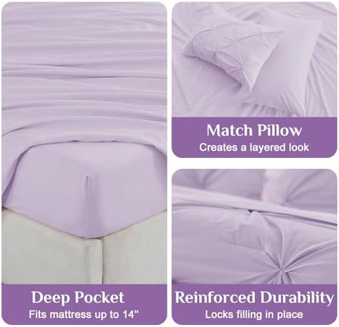 JOLLYVOGUE California King Comforter Set 7 Pieces - Bed in a Bag Cal King for All Season, Pintuck Bedding Comforter Sets with Comforter, Flat Sheet, Fitted Sheet and Pillowcases & Shams, Light Purple