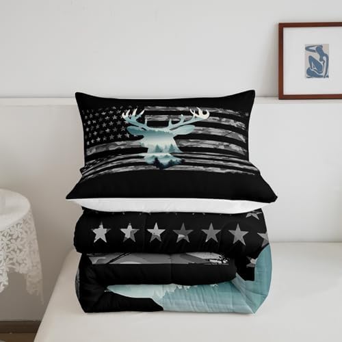 Feelyou Queen Camo Deer Hunting Bedding Set for Kids with 2 Pillow Cases, Forest Smoky American Flag Duvet