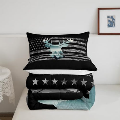 Feelyou Queen Camo Deer Hunting Bedding Set for Kids with 2 Pillow Cases, Forest Smoky American Flag Duvet