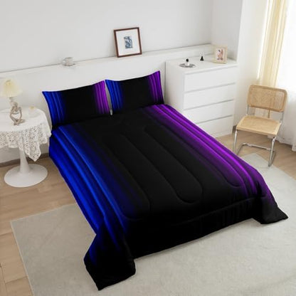 Feelyou Teens Abstract Ombre Decorations Bedding Set for Kids Women Blue Purple and Black Comforter Set Geometric Modern Quilt Set Room 3Pcs King Size
