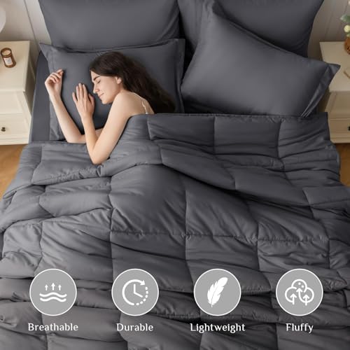 JOLLYVOGUE King Comforter Set, Ultra-Soft Bed in a Bag King Size 7 Pieces, Oeko-TEX Certified Bedding Set with Down Alternative Comforter, Sheets, Pillowcases & Shams, Dark Grey