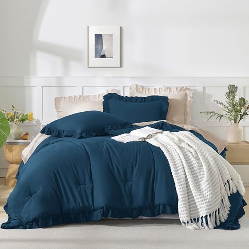 Andency Navy Blue Ruffle Comforter Twin Size, 2 Pieces Soft Bed Set