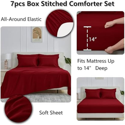 CozyLux Full Size Comforter Sets, 7-Piece Bed in a Bag, Dark Red