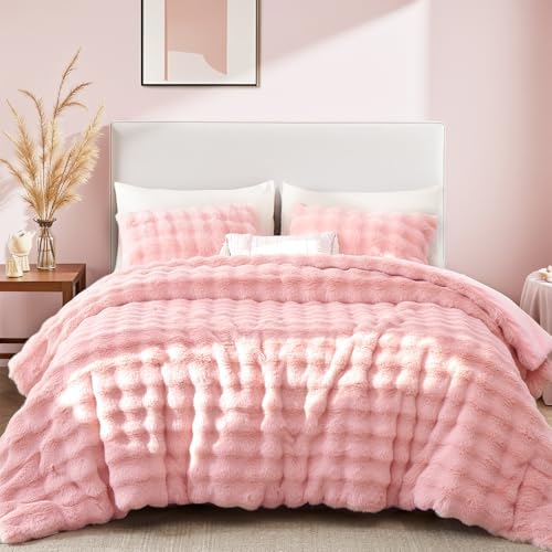 YIKUSH King Faux Fur Soft Comforter Set, Fluffy Pink Rabbit Fur Comforter