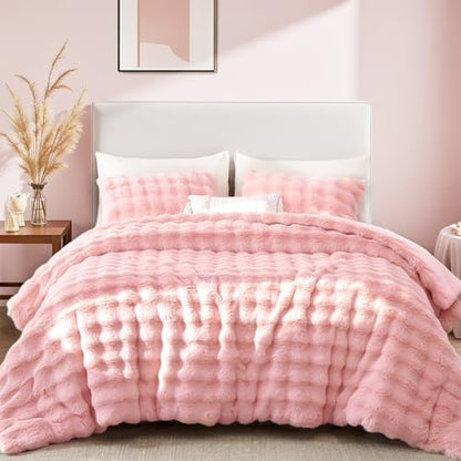 YIKUSH King Faux Fur Soft Comforter Set, Fluffy Pink Rabbit Fur Comforter