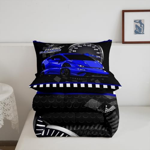 Feelyou Race Car Duvet Quilt Full Size Blue Speed Sports Car Bedding Set for Kids Boys Girls Decor Automobile Bedding Set Breathable Soft Lightweight Microfiber Extreme Sports Bedroom Decor