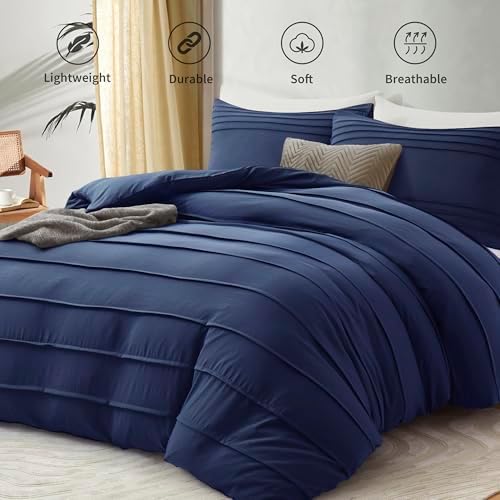 Oli Anderson 3PCS Pleated Duvet Cover Set, Navy Blue, King