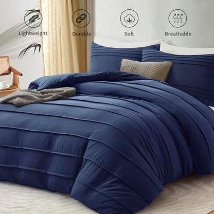 Oli Anderson 3PCS Pleated Duvet Cover Set, Navy Blue, King