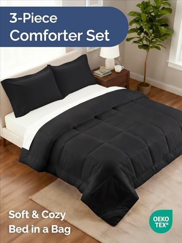 King Comforter Set - Black Bedding for All Seasons - Soft 3 Piece Bed Set