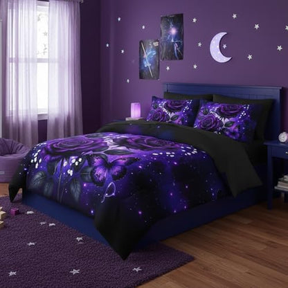 QOOMO Purple Rose 7 Pieces Comforter Set for Kids,Full Size