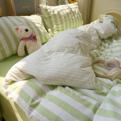 VM VOUGEMARKET Kids Teens Duvet Cover Twin Size Green White Striped Bedding Set Green Stripes Comforter Cover 68"x86"