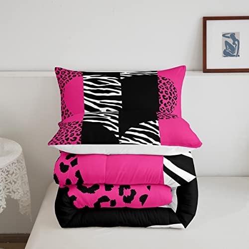 Castle Fairy Girls Leopard Zebra Comforter Set Queen Size Pink Wild Animals Fur Bedding Sets 3pcs for Kids Women Youth Room Decor Romantic Heart Abstract Quilted Duvet Patchwork Bedspread