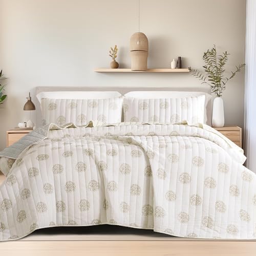 Wonderful Cotton Gauze Quilt Set Queen Size Off White Floral Bed Cover for All Season, Reversible Voile Quilt Bedding Sets with Pillow Shams for Queen Bed, Floral Bedspread Coverlet Set