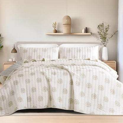 Wonderful Cotton Gauze Quilt Set Queen Size Off White Floral Bed Cover for All Season, Reversible Voile Quilt Bedding Sets with Pillow Shams for Queen Bed, Floral Bedspread Coverlet Set