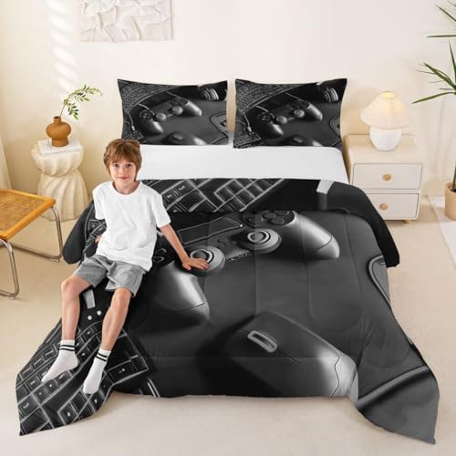 Feelyou Gamer Comforter Set Queen Size Gaming Bedding Set for Kids Boys Girls Game Room Decor Duvet Quilt Gamepad Bedroom Decor Black Microfiber 3 Pcs with 2 Pillow Cases