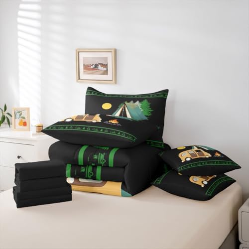 Erosebridal Camper Decor Teens Comforter Set with Sheets Happy Camping 7 Piece Bedding Set Rustic Farmhouse Bed in A Bag Full Size Bonfire Rv Travel Trailer Bed Sets for Kids Boys Adult, Black Green