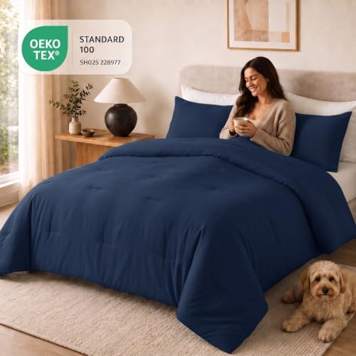 CozyLux Super King Plus Comforter Set, 3 Pieces Navy Blue Quilted Bedding