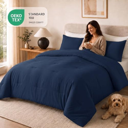 CozyLux Super King Plus Comforter Set, 3 Pieces Navy Blue Quilted Bedding