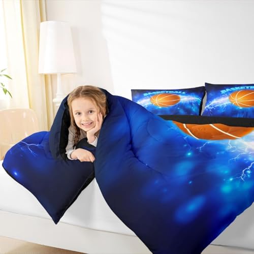 Glowing Basketball Comforter Set Twin Size 3D Flame and Lightning Basketball Bedding Set for Kids Boys Teens Bedroom Decor Ball Sports Games Quilted Duvet Cool Blue Duvet Insert,1 Pillowcase