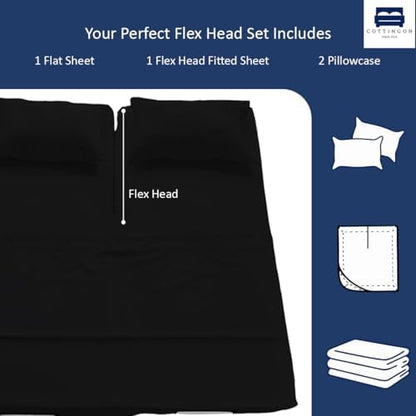 4 Piece Flex Head King Sheet Set 34" Top, 100% Egyptian Cotton, Black