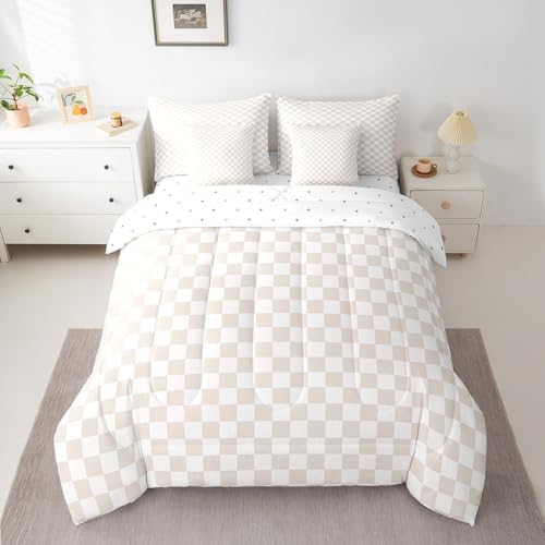 jejeloiu Beige Comforter Set with Sheets 7 Piece Twin Size