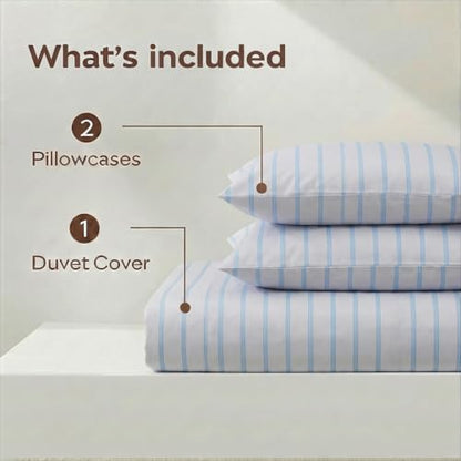 Bedbay Cotton Striped Duvet Cover Set King Size, Grey Blue Striped Bedding, 100% Cotton Sateen, Silky Soft Modern Minimalist 3 Piece Bedding Set for All Seasons