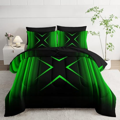 Nttopship Black and Green Geometric Comforter Set Twin Size 7Pieces,3D Abstract Mordern Printed Bedding Set for Adults,Geometric Mordern Decor All Seasons with Pillowcases,Flat, Fitted Sheet