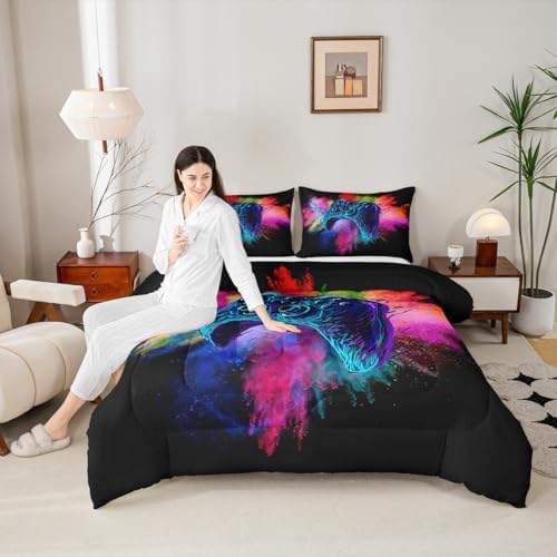 Erosebridal Boys Gaming Bed Comforter Set King Size,Kids Gamer Bedding Sets Girls,Colorful Tie Dye Video Game Quilt Comforter Navy Blue Gamepad Lightweight Bedding Set 1 Comforter with 2 Pillowcases