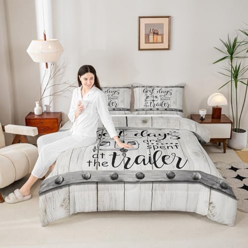 Camper Adventure Comforter Set Queen Size,Happy Camping RV Trailer Decor Bedding Set 3pcs for Kids Boys Girls Adults,Rustic Farmhouse Wood Door Down Comforter,Beige Retro Duvet Insert,2 Pillowcases