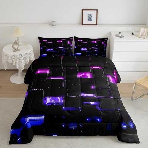 Feelyou Black Pink Purple Square Ombre Comforter Set King Size Kids 3D Rendering Abstract Art Comforter for Boys Girls Teens Modern Fashion Bedding Set Stripes Duvet Set