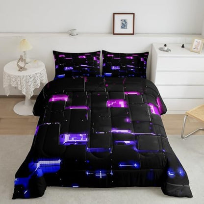 Feelyou Black Pink Purple Square Ombre Comforter Set King Size Kids 3D Rendering Abstract Art Comforter for Boys Girls Teens Modern Fashion Bedding Set Stripes Duvet Set