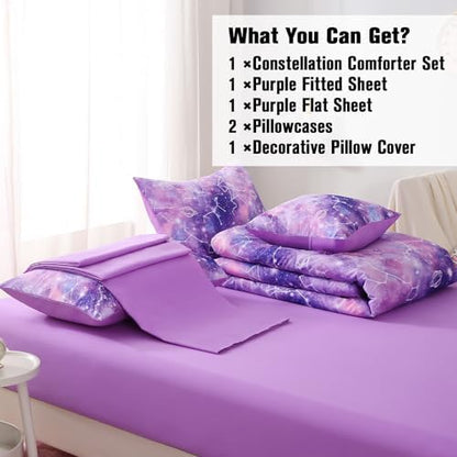 JQinHome Twin Gradient Galaxy Comforter Set for Girls,6 Piece Bed in A Bag 3D Colorful Tie Dye Constellation Print Ombre Bedding Set (Purple)